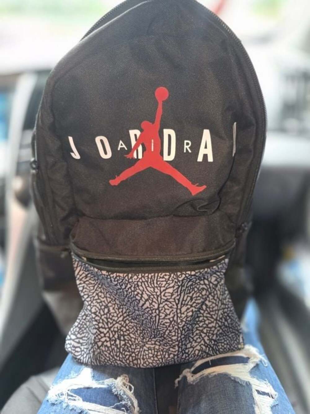 Jordan Black Backpack with Red Jumpman and Patterned Lower Pocket